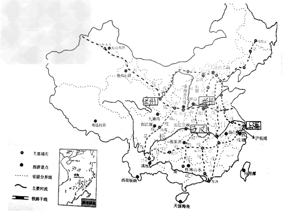读中国铁路交通图及旅游景点分布示意图,完成下列问题.